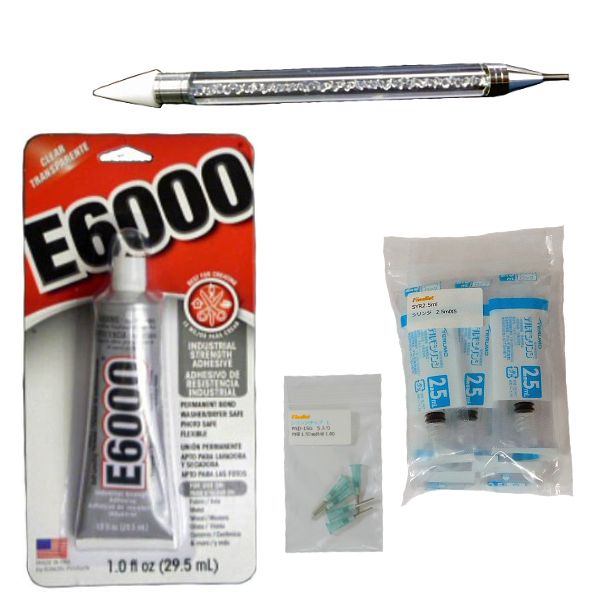 ラインストーン貼り付け 4点スターターセット｜E6000 1oz 接着剤付き ワックスペン シリンジ ニードル 社交ダンス 衣装 デコ DIY